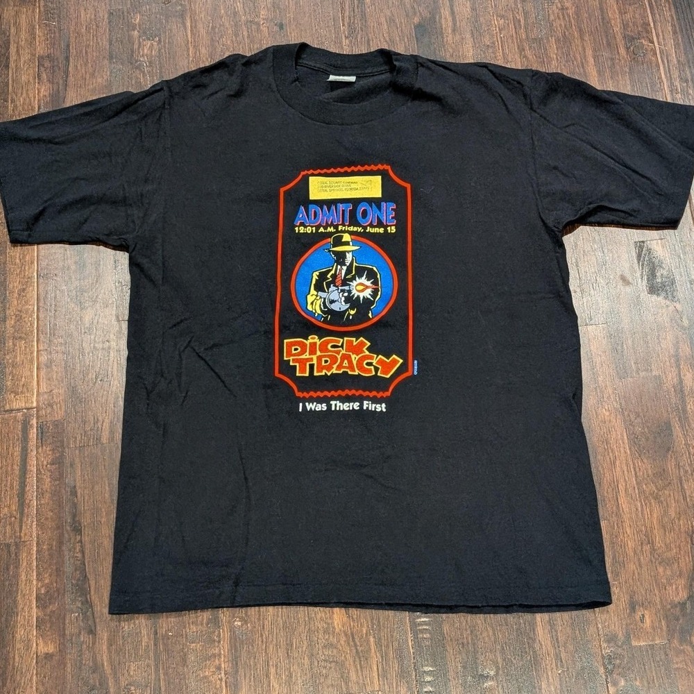 Vintage 90s Hugger Dick Tracy Disney T-Shirt Men L Black Admit One Movie Tee USA